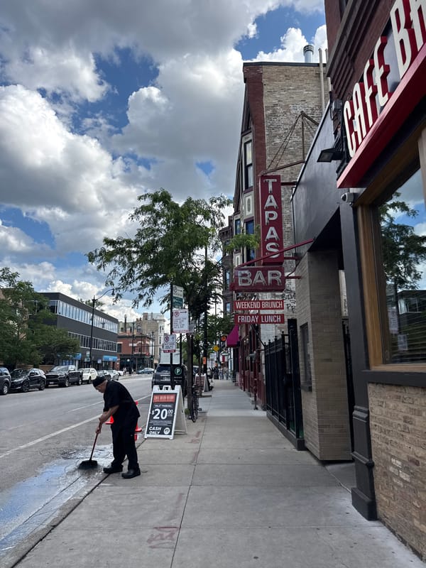 Street-level scenes outside Chicago's Cafe Ba-Ba-Reeba at dusk