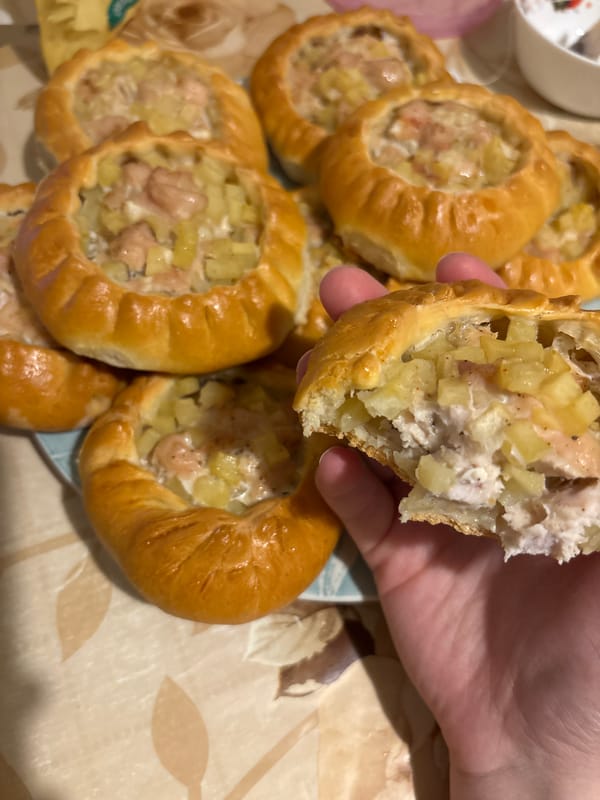 Person enjoys savory pastries in Khimki, Russia