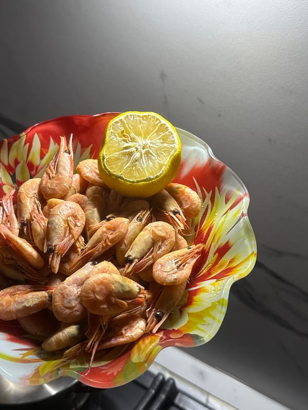 Shrimp frying at home while a storm rolls in outside