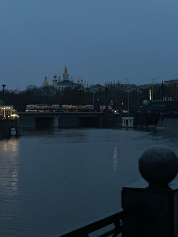 Person walks river promenade with umbrella during rain in Kharkiv