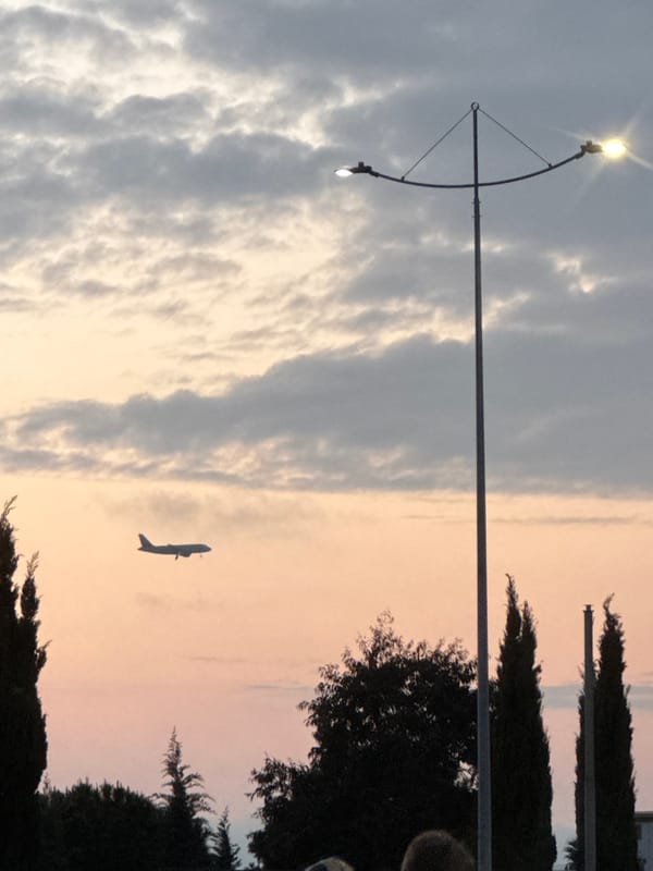 Evening scene captured in Sirius showing ascending airplane at dusk