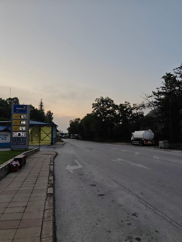 Twilight scene captured at Smolyan gas station in Bulgaria
