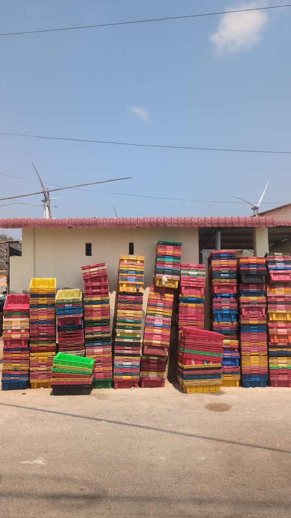 Colorful plastic crates stacked beside building in Phước Dinh