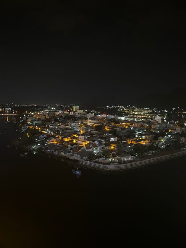 Night photography captures illuminated Nha Trang coastal cityscape