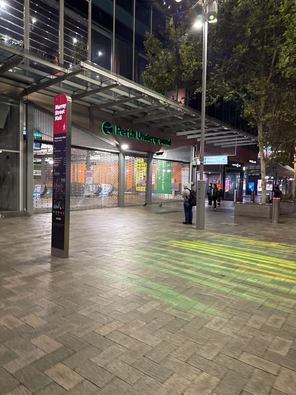Evening walkthrough captures Perth CBD streetscapes and commercial district