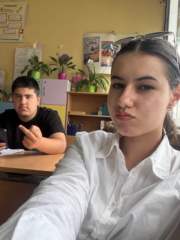 Students take selfies in Bulgarian classroom
