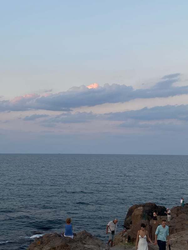 Sozopol at sunset: coastline, beach, and ancient ruins