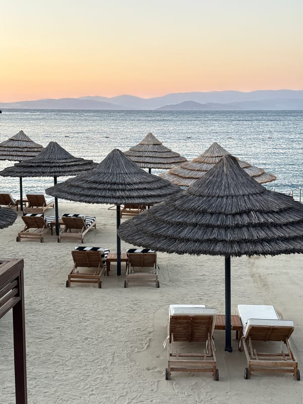 Golden hour beach scene in Bodrum with umbrellas and bougainvillea