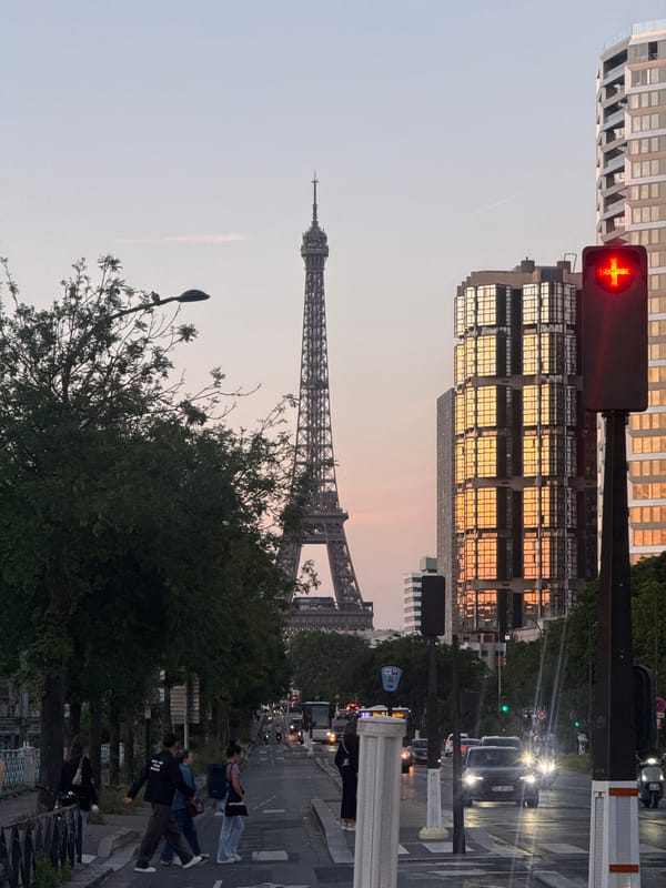 Eiffel Tower photographed against pink sunset sky in Paris