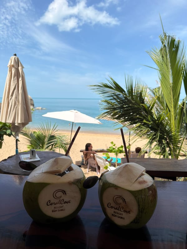 Morning drinks and beach views at Coral Cove Resort, Koh Samui