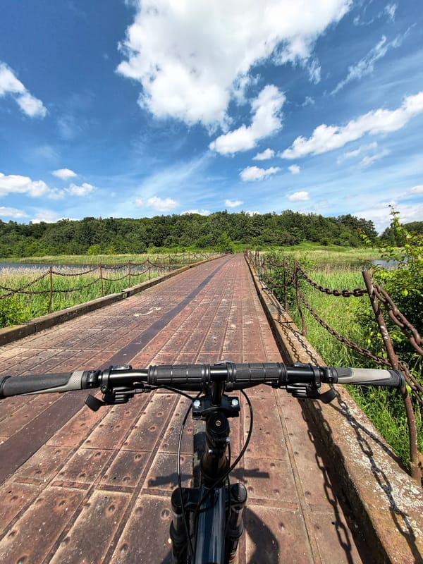 A rural bike ride through meadows, bridges, and overgrown paths
