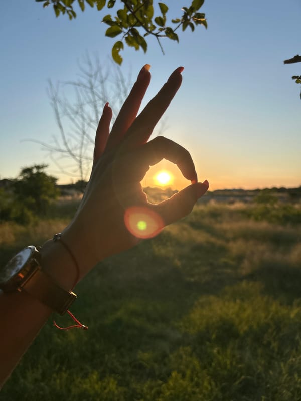 Golden hour in a field, hand gestures framing the sun