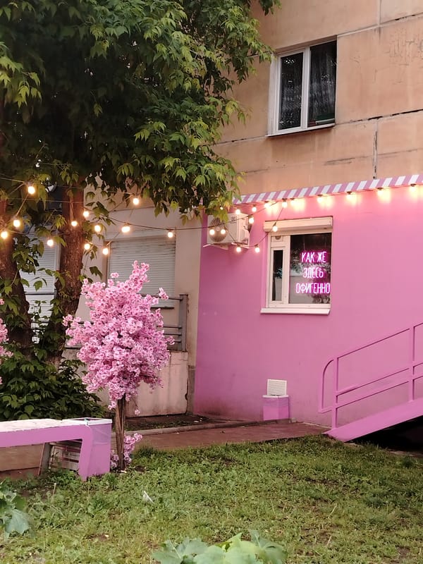 Pink bicycle spotted in decorated outdoor space in Izhevsk