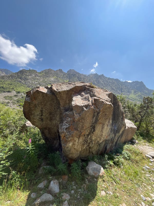 Rocky mountain trail and valley scenery in Kyrgyzstan