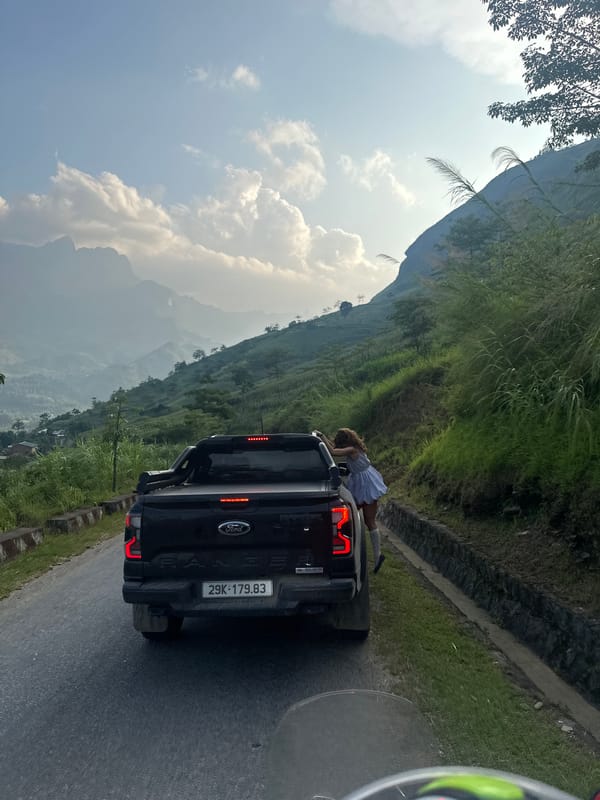 Road trip group documents scenic stop in Vietnamese mountains