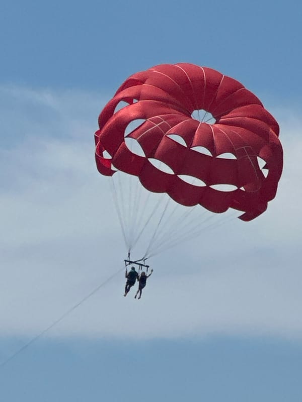 Parasailing activity documented over Budva coastline during morning hours