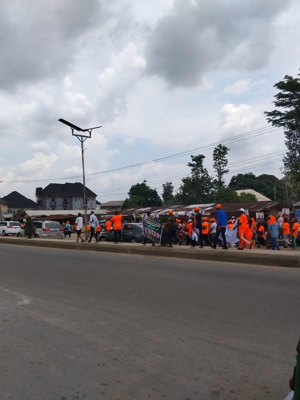 Orange-clad demonstrators march with signs through Aba, Nigeria streets