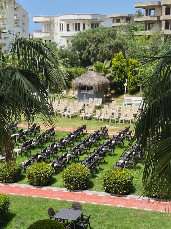 Morning scenes documented across Alanya: wedding setup, gym, garden, hotel