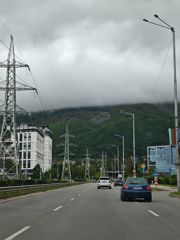 Sofia street view captured showing urban road, mountain backdrop