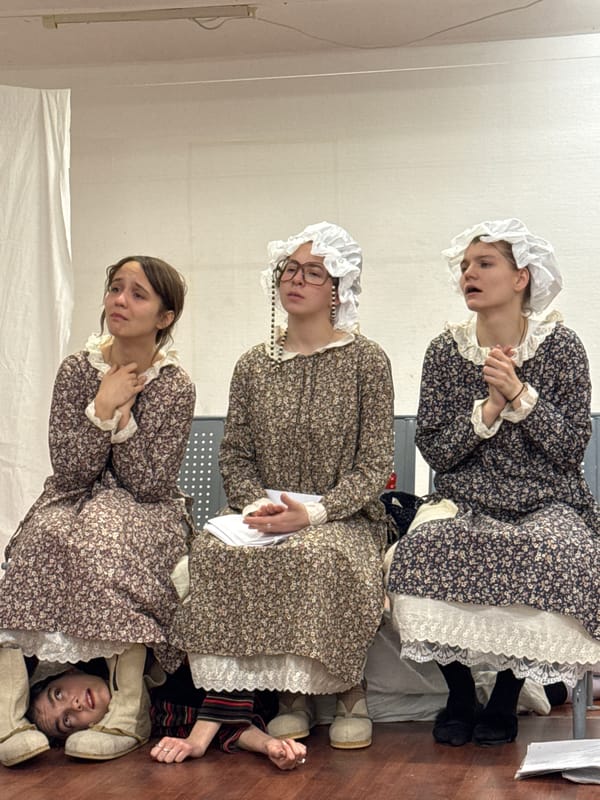 Theater rehearsal with costumed performers captured in Moscow