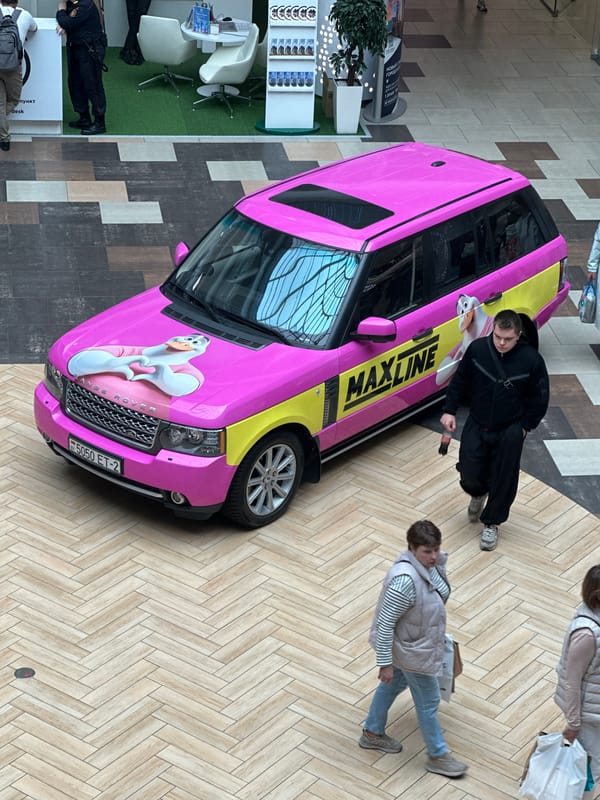 Inside Dana Mall, Minsk, with a pink branded Range Rover on display