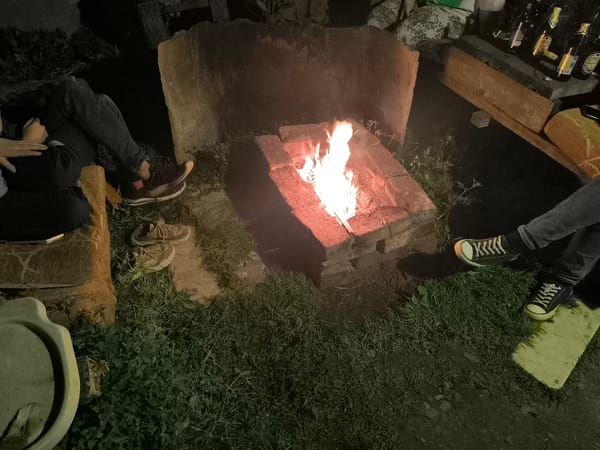 Casual summer evening around a fire pit in Kashino