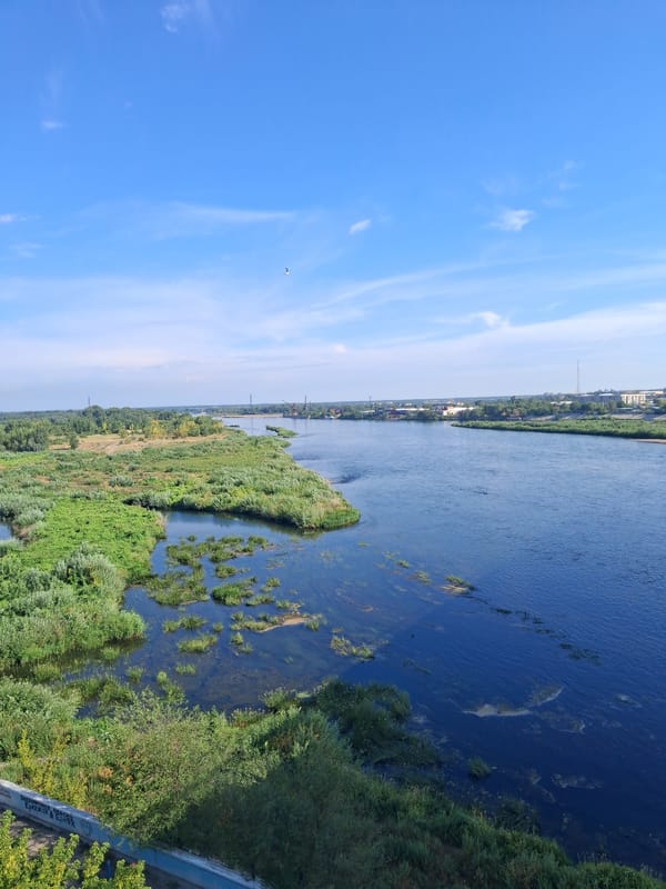 Irtysh River and suspension bridge in Semey, Kazakhstan