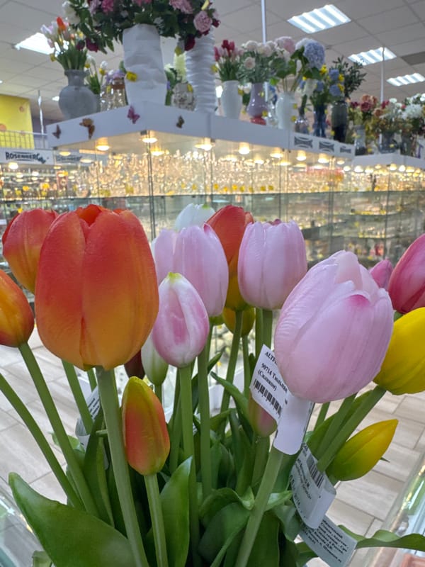 Woman shops for artificial tulips at Klin market