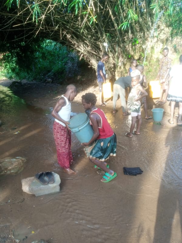 Children gather at water source in rural Nigerian village