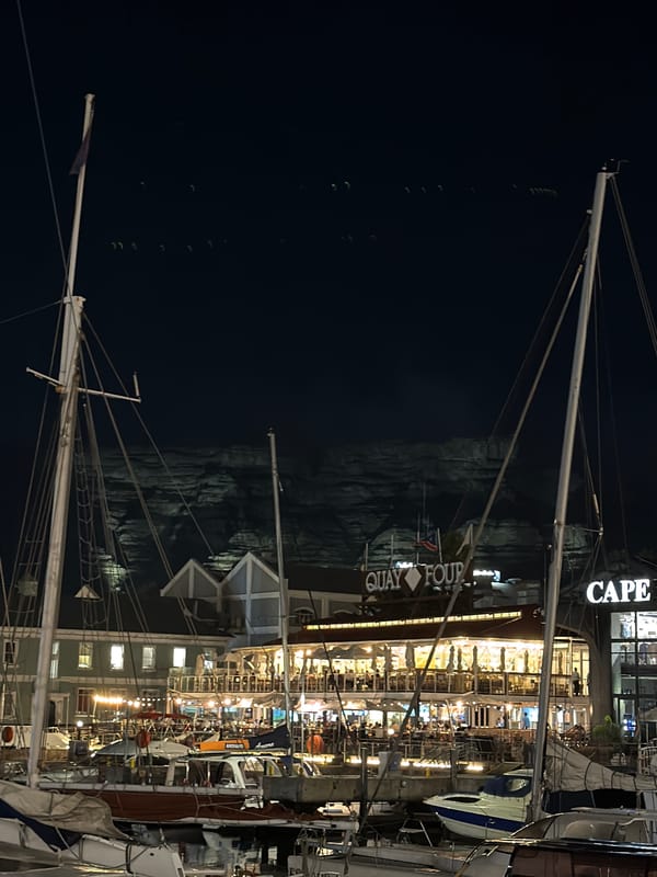 Evening boats docked at Cape Town V&A Waterfront harbor