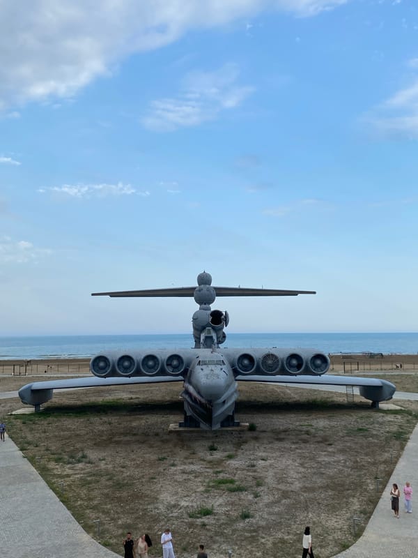 Soviet ekranoplan and Caspian coastline at Arablyar