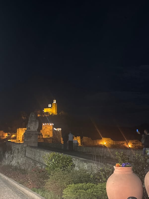 Evening stroll through illuminated historic Veliko Tarnovo streets