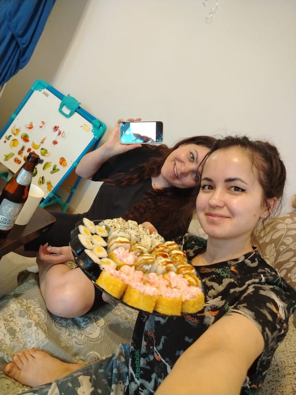 Women documented in separate indoor scenes with food, art