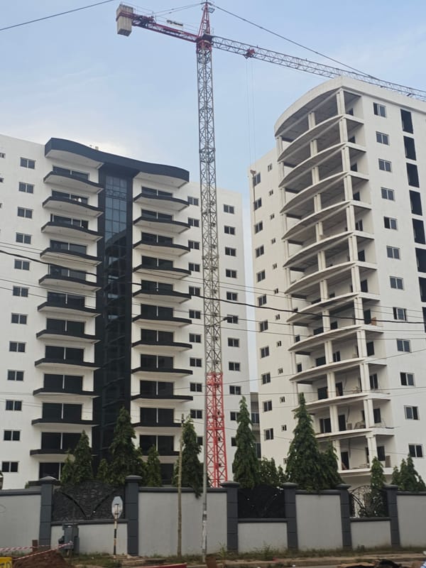 High-rise construction activity observed across multiple Accra development sites