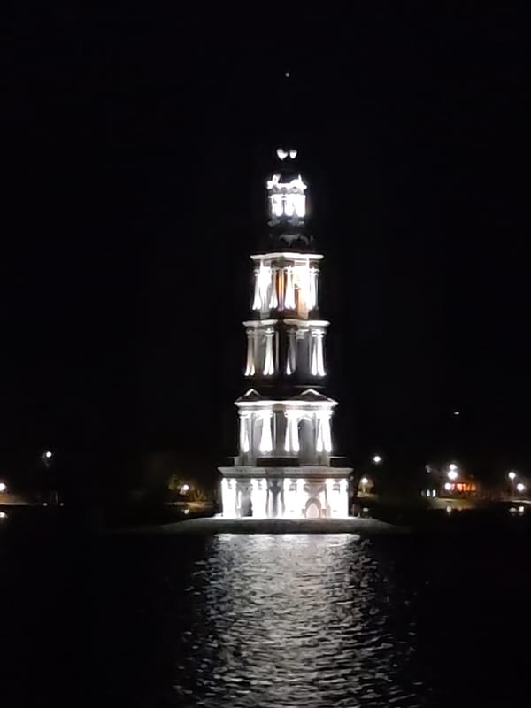 Illuminated Kalyazin Bell Tower captured by witnesses at night