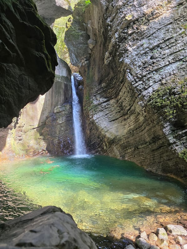 Kozjak waterfall documented flowing into turquoise pool near Kobarid