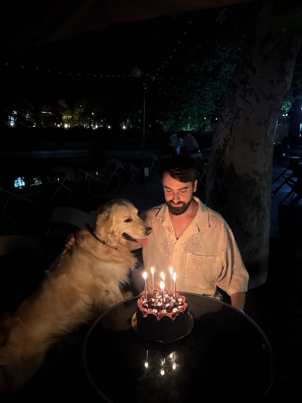 Man and golden retriever spotted at Yerevan garden cafe