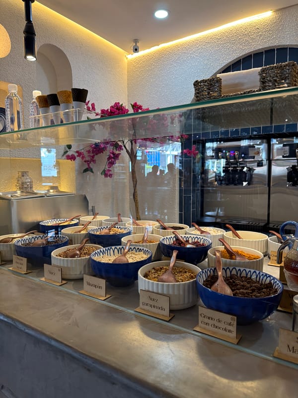 Modern dessert shop interior captured in evening documentation
