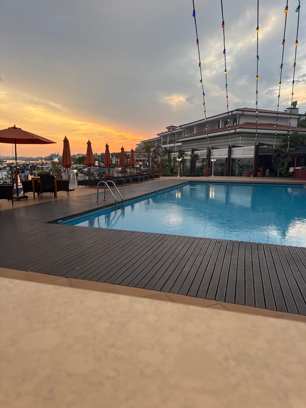 Poolside dusk at a Bulgarian Black Sea resort