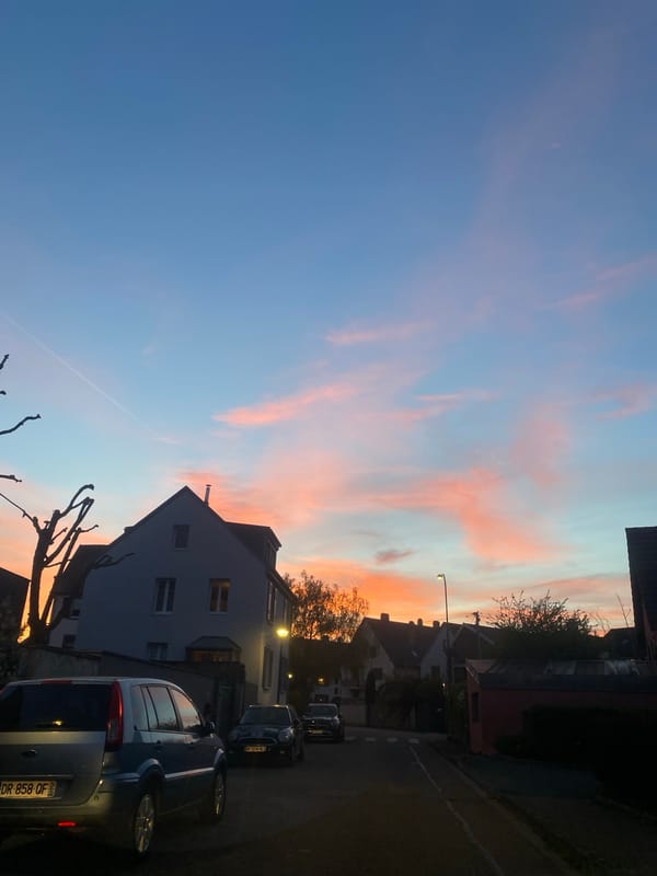 Dusk sky displays color transition over Strasbourg streets