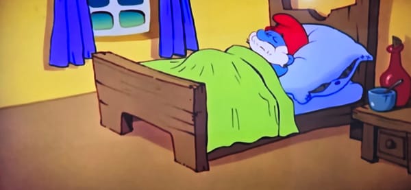 Sofia witnesses capture cartoon Smurf scene, dusk street view