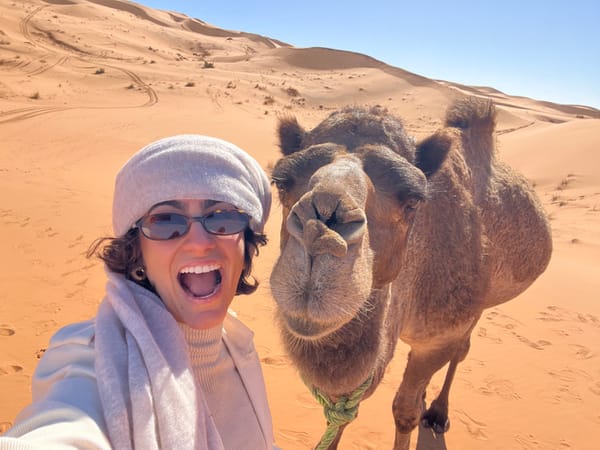 Tourist poses with camel in Moroccan desert near Rissani