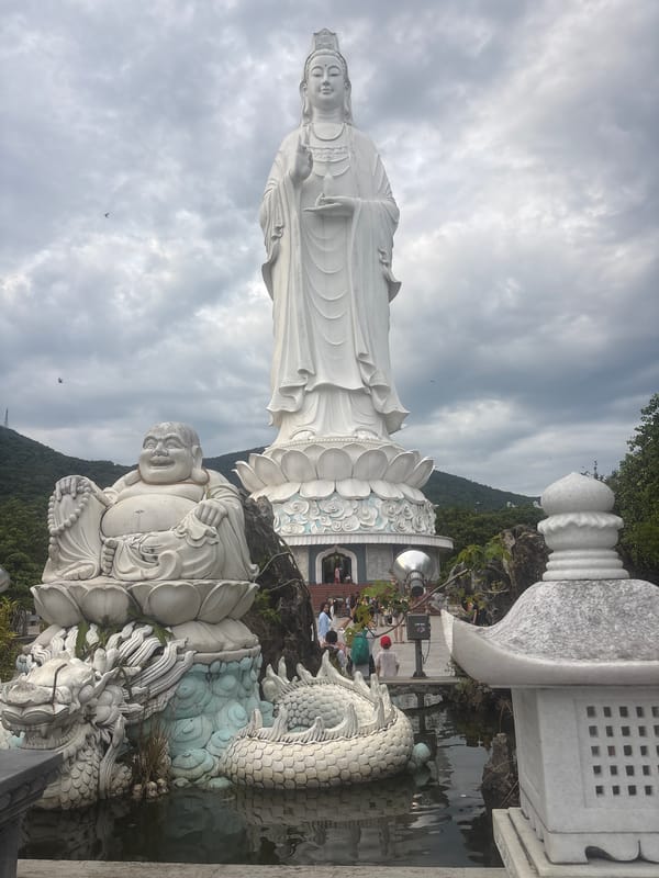 Morning at Linh Ung Pagoda — monkeys, incense, and Guan Yin