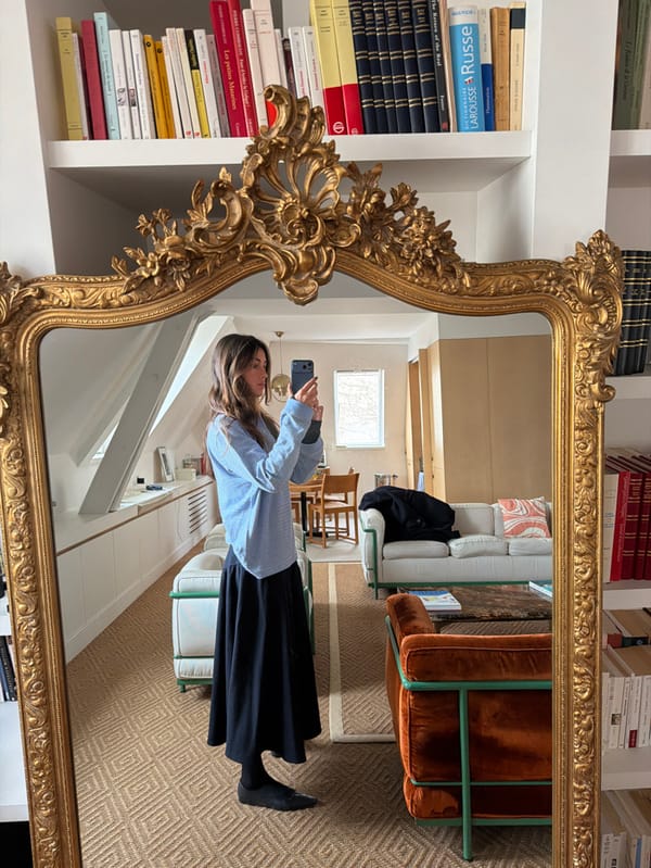 Woman takes mirror selfie in Paris apartment