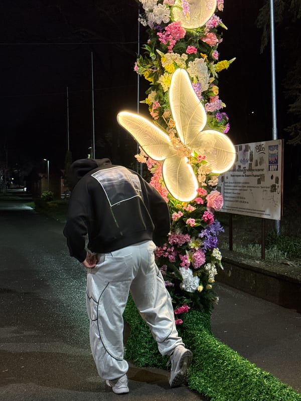 Person visits illuminated flower display on Shumen street