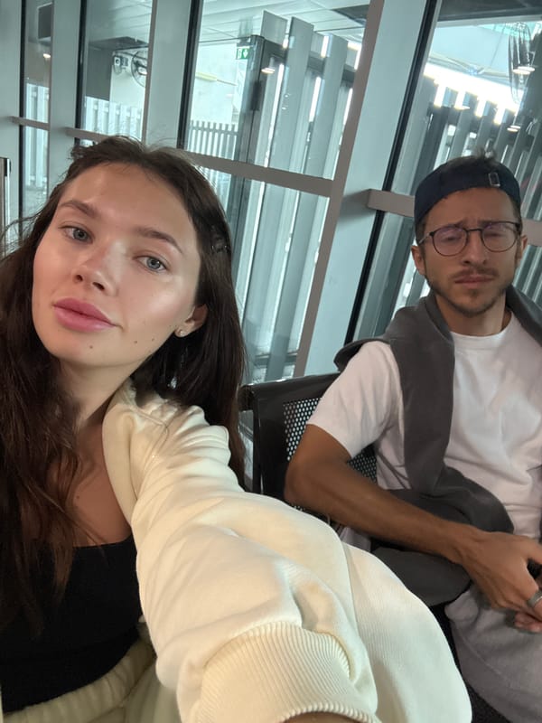 Couple documents travel departure with selfies in Larnaca
