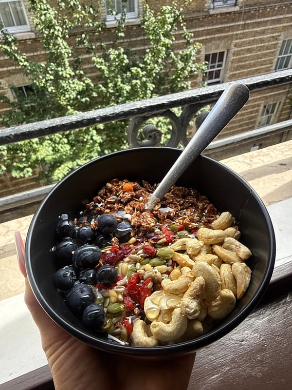 Granola breakfast bowl with berries and nuts in London