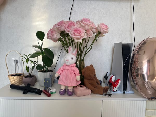Pink roses and plush toys arranged on indoor surface