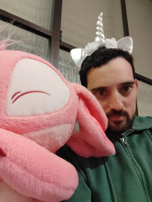 Man in unicorn headband poses with pink stuffed animal