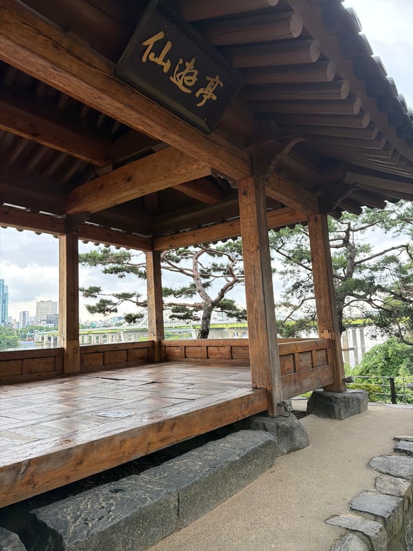 Rainy morning at a traditional pavilion in Seoul